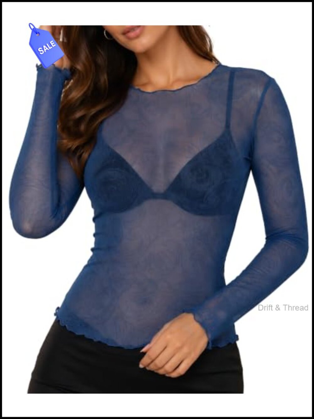Sheer Mesh Lace Long Sleeve Top Women Crew Neck Floral Ruffle Blouse